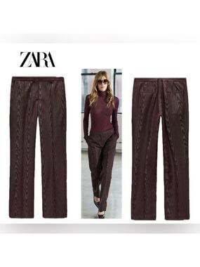 Zara Pants Womens Medium Moire Effect ZW Collection Burgundy Flat Front NWOT